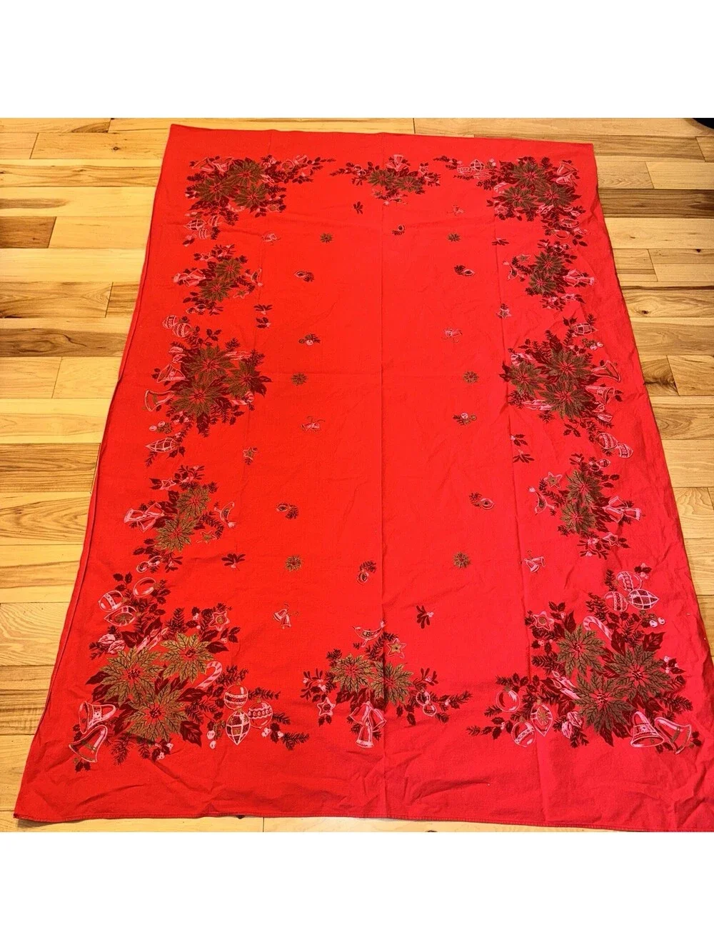 Vintage Red Christmas Tablecloth 76x50 Poinsettia Bells Ornaments Holiday Decor